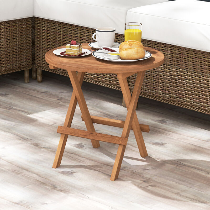 Round Patio Folding Coffee Table Teak Wood with Slatted Tabletop image number 1