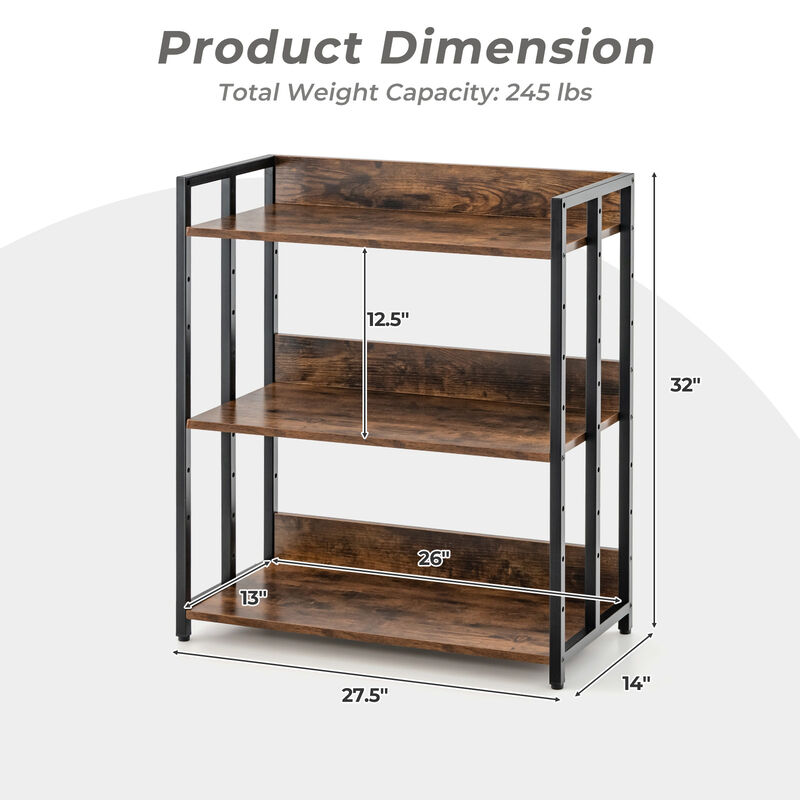 3-Tier Corner Bookcase with Adjustable Shelves and Metal Frame