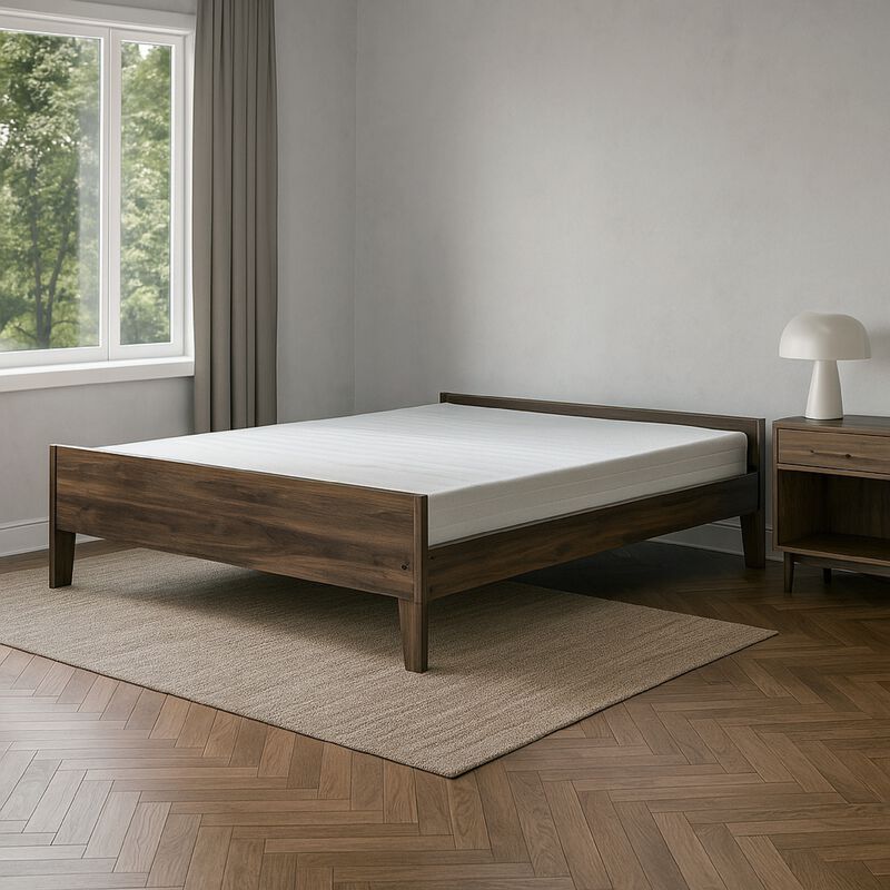 Sof Queen Size Platform Bed, Low Profile, Footboard, Dark Brown Finish