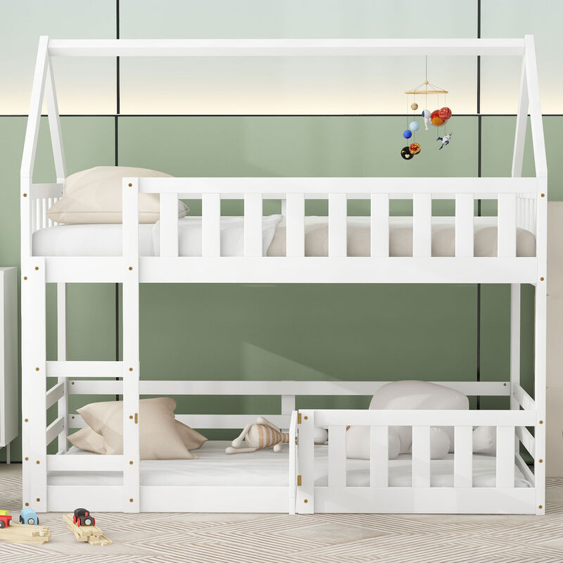 Merax House Bunk Bed with Fence and Door
