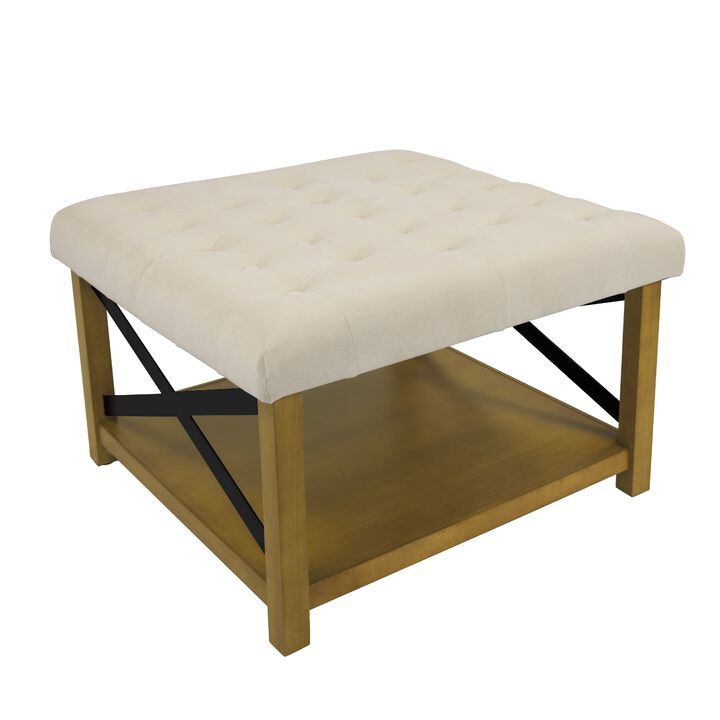 Ottoman with Open Storage, Wood Legs, Cream Tufted Microfiber 30 Inch - Benzara