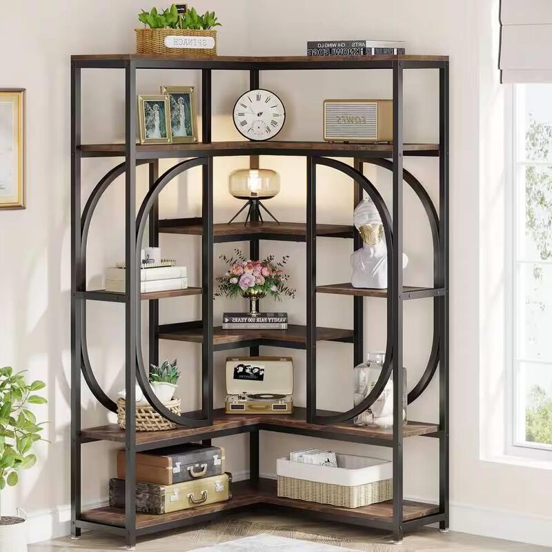 Hivvago 67-inch Tall Modern Industrial Metal Wood Corner Bookcase