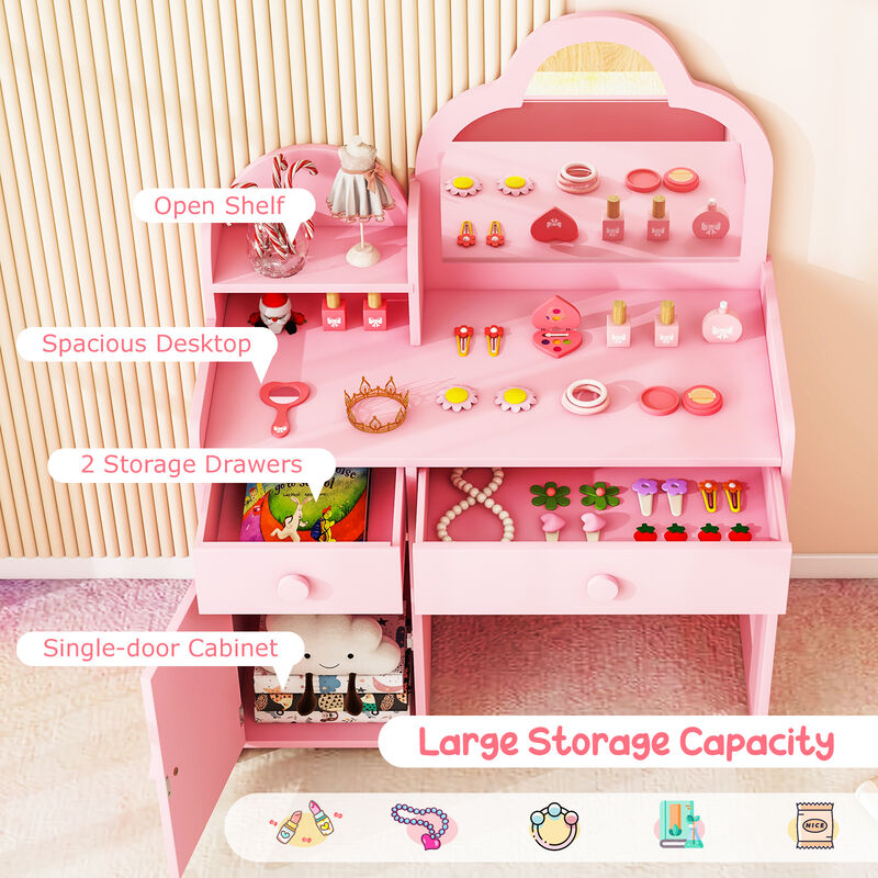 Adorable Kids Vanity Table Set with Cloud Mirror and Storage Compartment