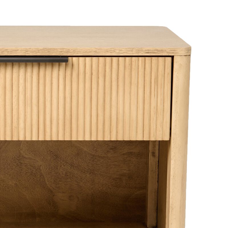 Noe Celia 32 Inch Nightstand, 1 Drawer, Shelf, Metal, Natural Solid Wood - Benzara