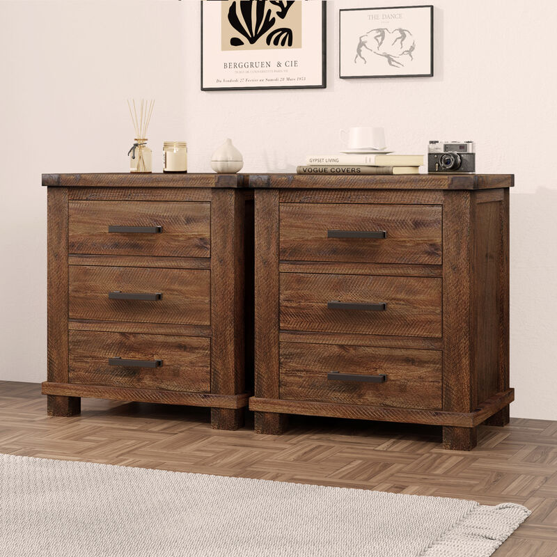 Merax Reclaimed Pine 3-Drawer Nightstand with Antique Zinc Pulls &ndash; Rustic Distressed Finish image number 2
