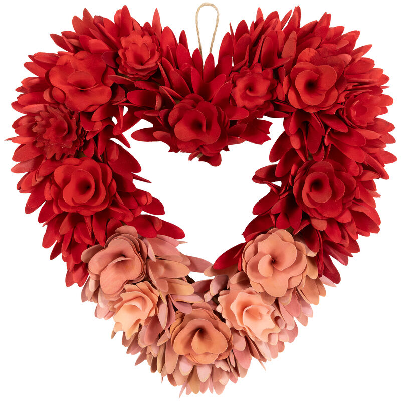 Wooden Rose Artificial Valentine's Day Floral Wreath - 15" - Red and Pink image number 0