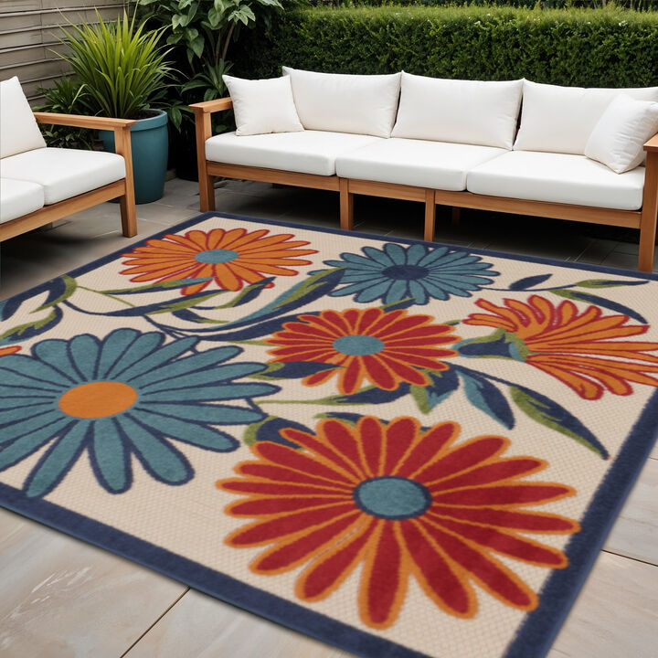 HomeRoots 5' Ivory Blue And Orange Square Floral Indoor Outdoor Area Rug