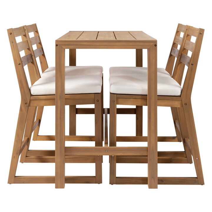 Merax Rustic Outdoor Bar Set with Acacia Wood Frame, 4 Cushioned Chairs, Space-Saving Slim Design