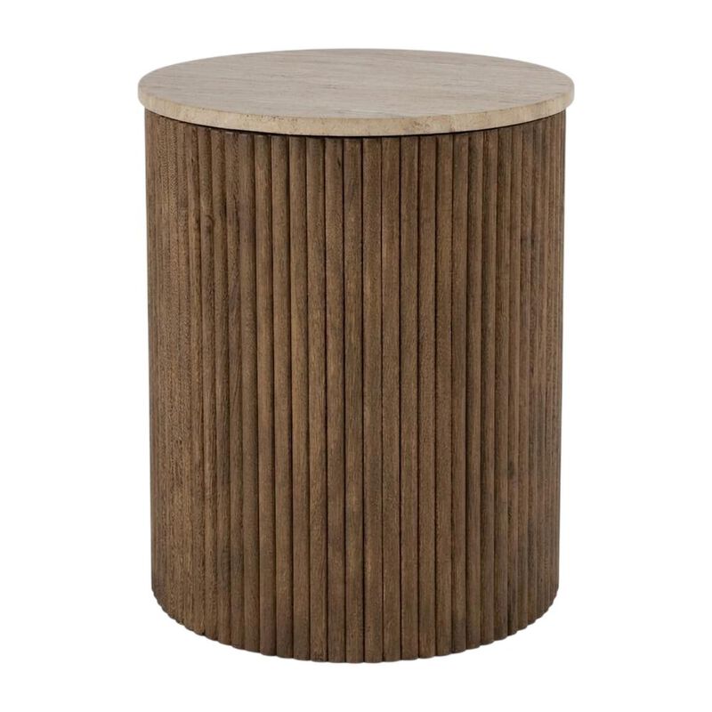 Butler Specialty Ruby 15 in. W Round Fluted Travertine and Wood Side Table, Brown image number 0