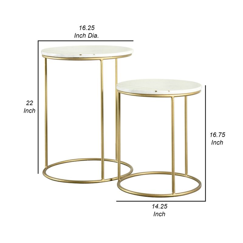 22, 17 Inch Modern 2 Piece Nesting End Table Set, White Marble Top, Gold-Benzara