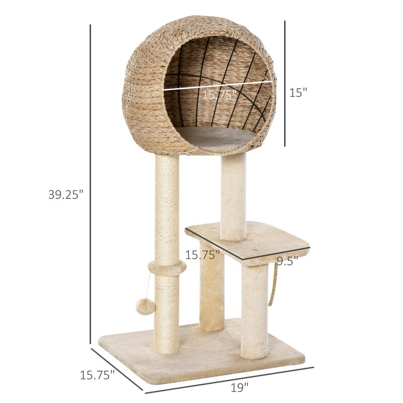 Modern Cat Tree with Sisal Scratching Post Condo and Hanging Rope 44.5"H, Beige