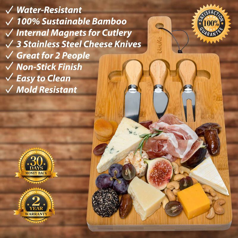 Bamboo Cheese Board and Knife Set - 12x8 inch Charcuterie Board with Magnetic Cutlery Storage - Wood Serving Tray with Handle