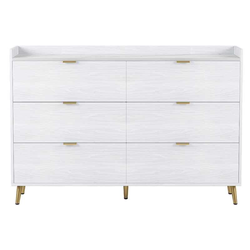 Streamdale 6-drawer marble top dresser, modern white cabinet