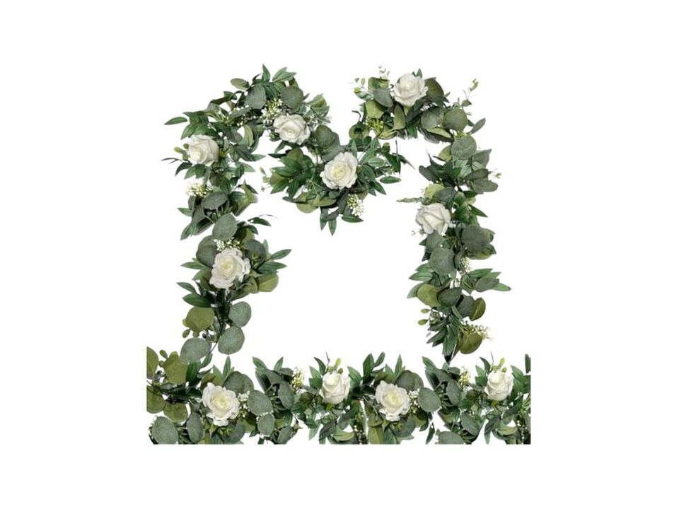 2 Pack Artificial Spring Eucalyptus Flower Garland White Roses 13 Ft Fake Floral