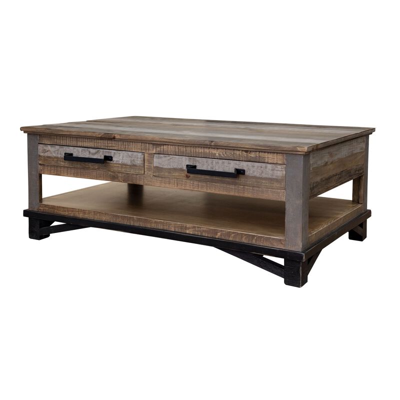Peya 50 Inch 4 Drawer Coffee Table, Shelf, Distressed Gray, Brown Pine Wood