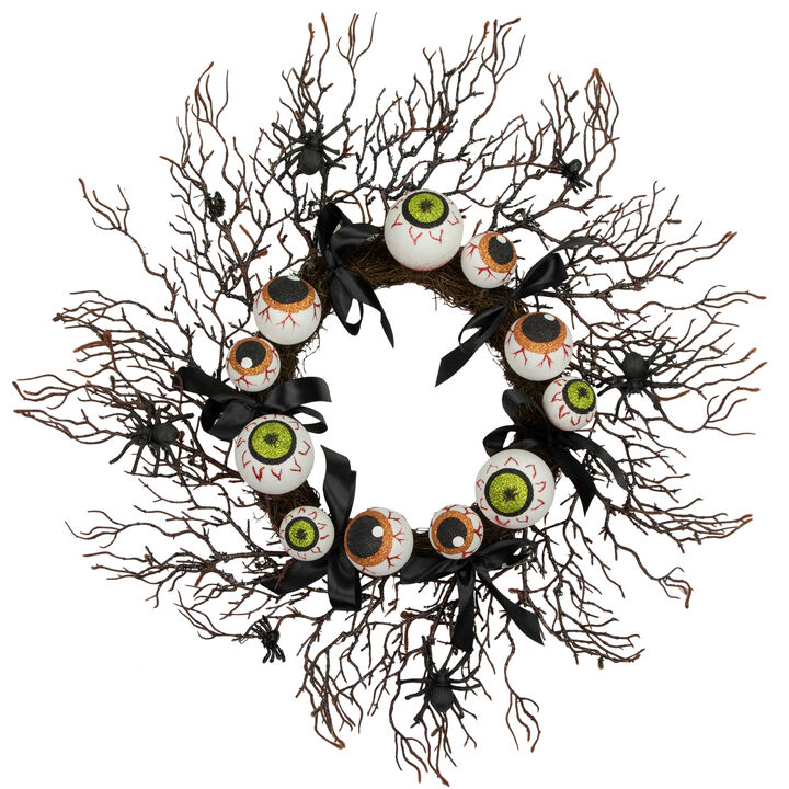 Eyeballs and Spiders Halloween Twig Wreath  24-Inch  Unlit