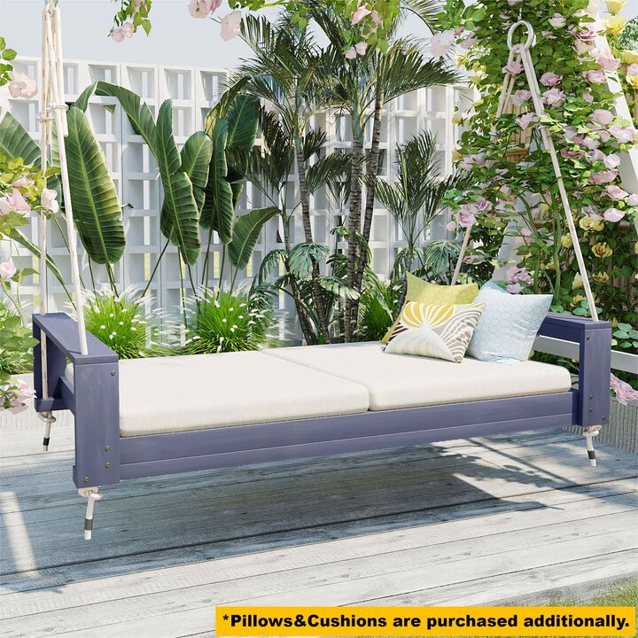 Whisen Twin Size Porch Swing Bed, Acacia Wood Frame with Hemp Ropes, Outdoor Patio Lounger