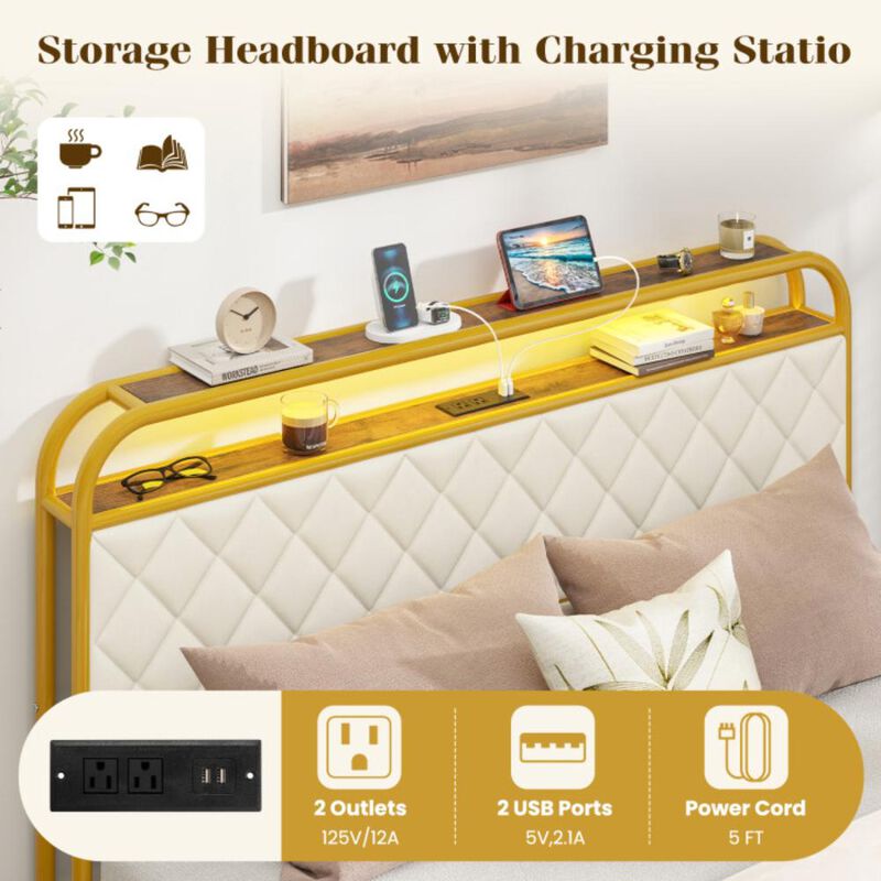 Hivvago Queen Size Bed Frame with LED Lights and Charging Station Gold