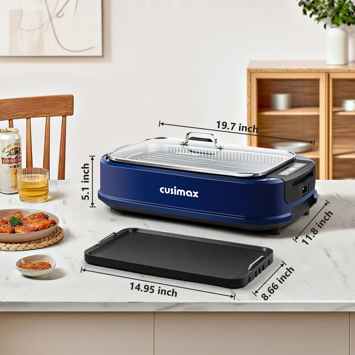 Cusimax Smokeless Electric Grill with Turbo Smoke Extractor, Portable Grill with 2 Non-Stick Grill Plates, Stainless Steel Indoor Grill