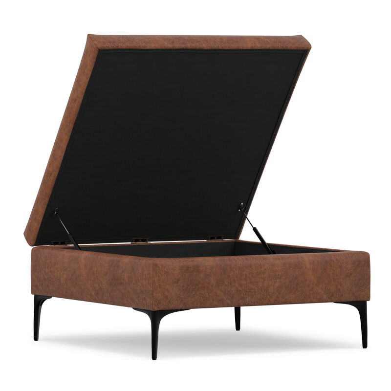 Rebecca 36 inch Wide Contemporary Square Mid&nbsp;Century Coffee Table&nbsp;Storage Ottoman with Lift Up Lid in Distressed Saddle Brown Vegan Faux Leather, Assembled image number 3