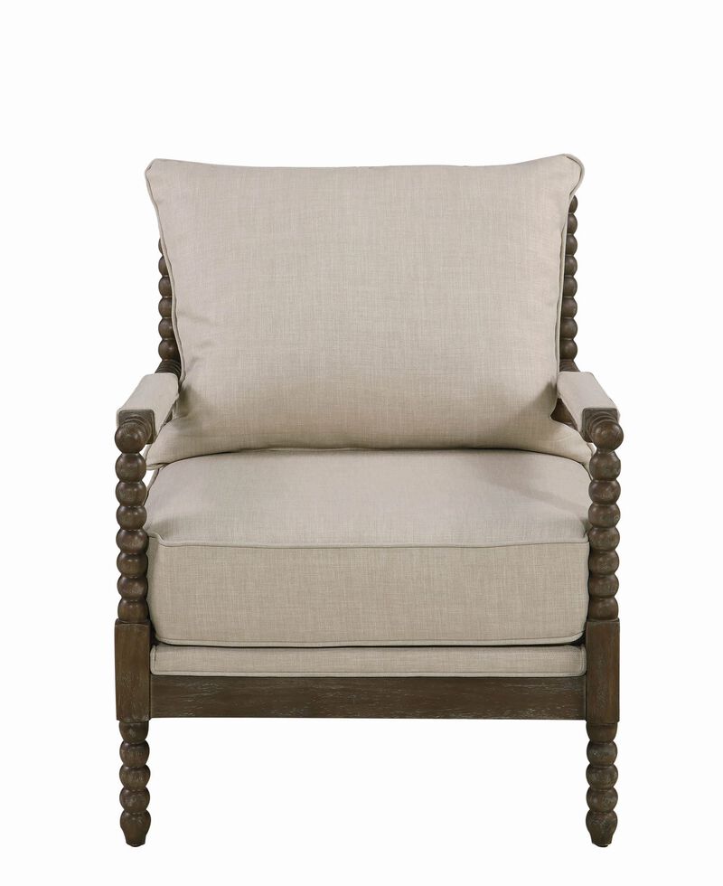 Cushioned Back Fabric Upholstered Spindle Accent Chair, Beige and Brown image number 2