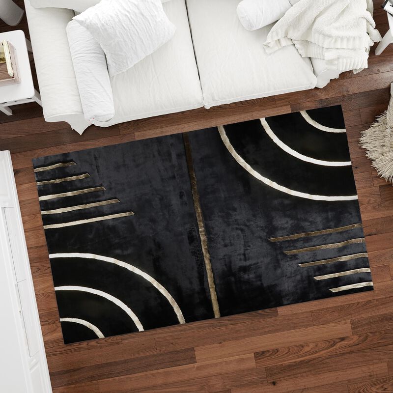 Gold Striped Black Geometric Fur Plush Rug