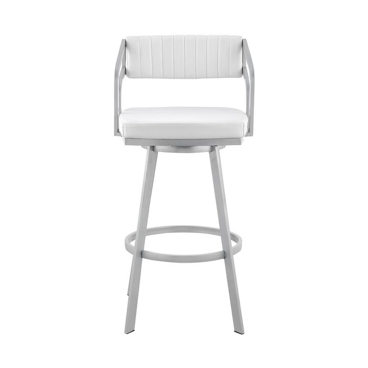 Lyla 26 Inch Counter Height Stool, Swivel, Faux Leather, White, Silver - Benzara