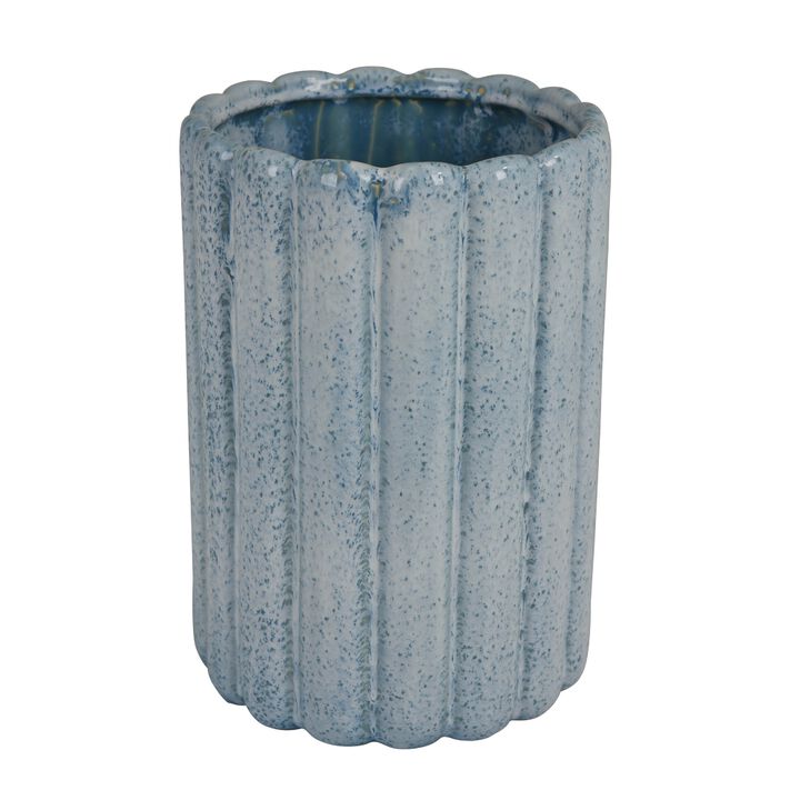 Scalloped Planter, Cylindrical Shape, Speckled Blue Ceramic 11 Inch
