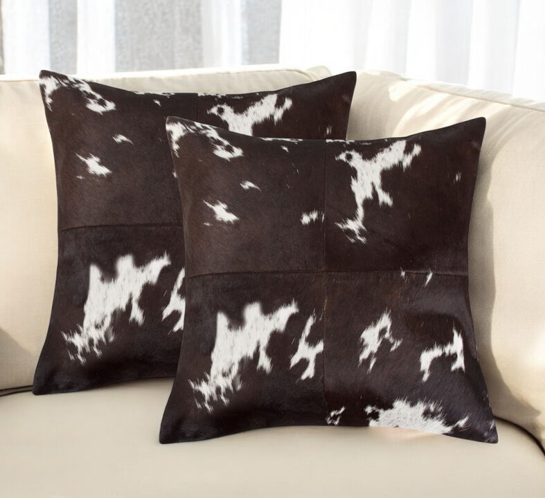 HomeRoots Set of Two 18" Chocolate and White Cowhide Cowhide Throw Pillows