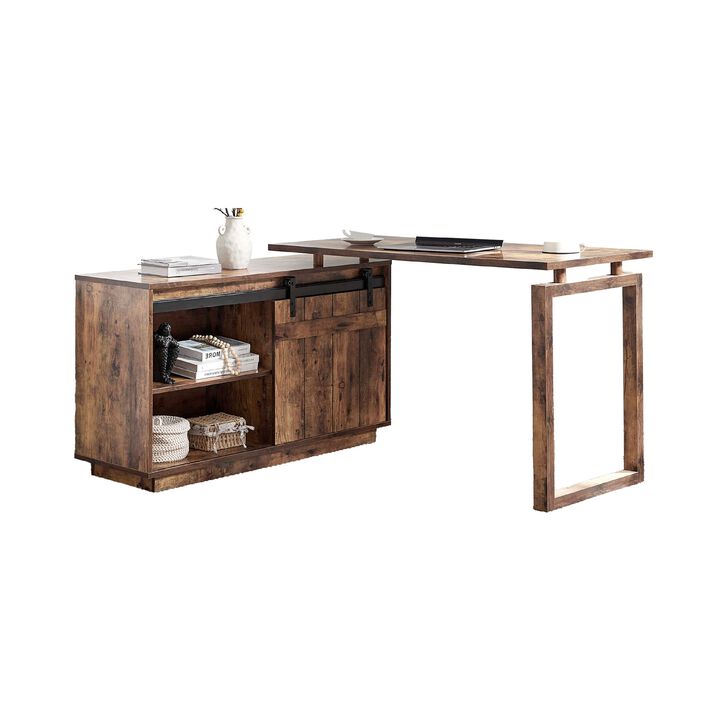 Fior L Shaped Writing Desk, 56 Inch Distressed Brown Wood, Barn Door