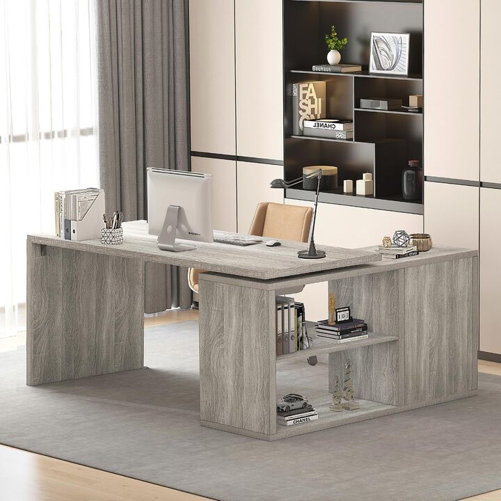 Top True Wood L-Shaped Corner Desk with Open Shelves for Home Office