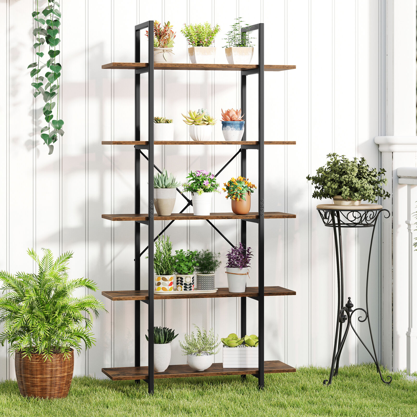 5-Tier 62 Inch Tall Vintage Industrial Bookcase with Open Storage