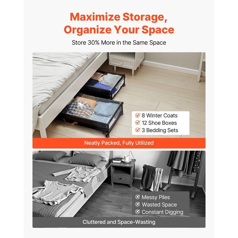 Under Bed Storage with Wheels 2 Pack Rolling Containers for Clothes Shoes Blankets-Black image number 4