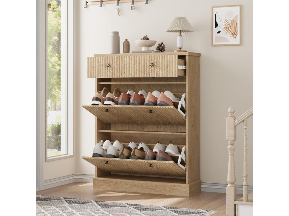 Slim Entryway Wood Shoe Storage Cabinet Flip Drawer Adjustable Natural Oak