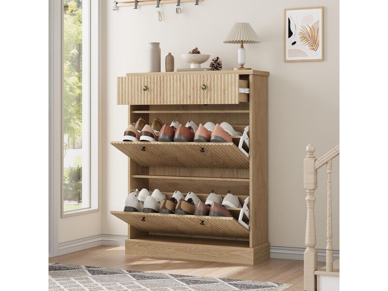 Slim Entryway Wood Shoe Storage Cabinet Flip Drawer Adjustable Natural Oak image number 1
