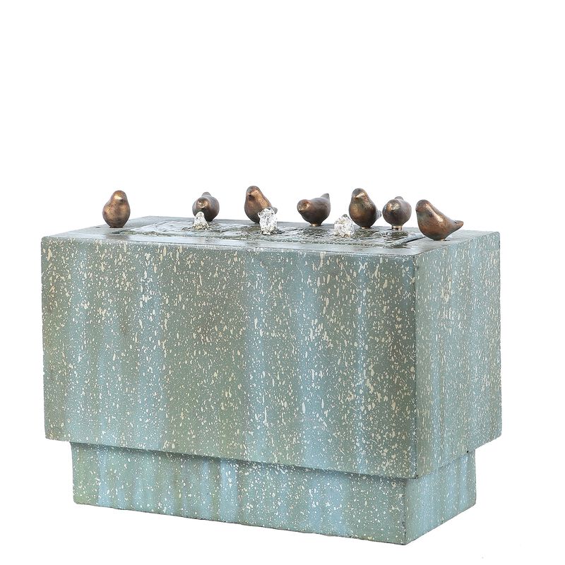 LuxenHome Patina Gray/Green Resin Rectangular Bubbler Outdoor Fountain with LED Lights and Bronze Birds