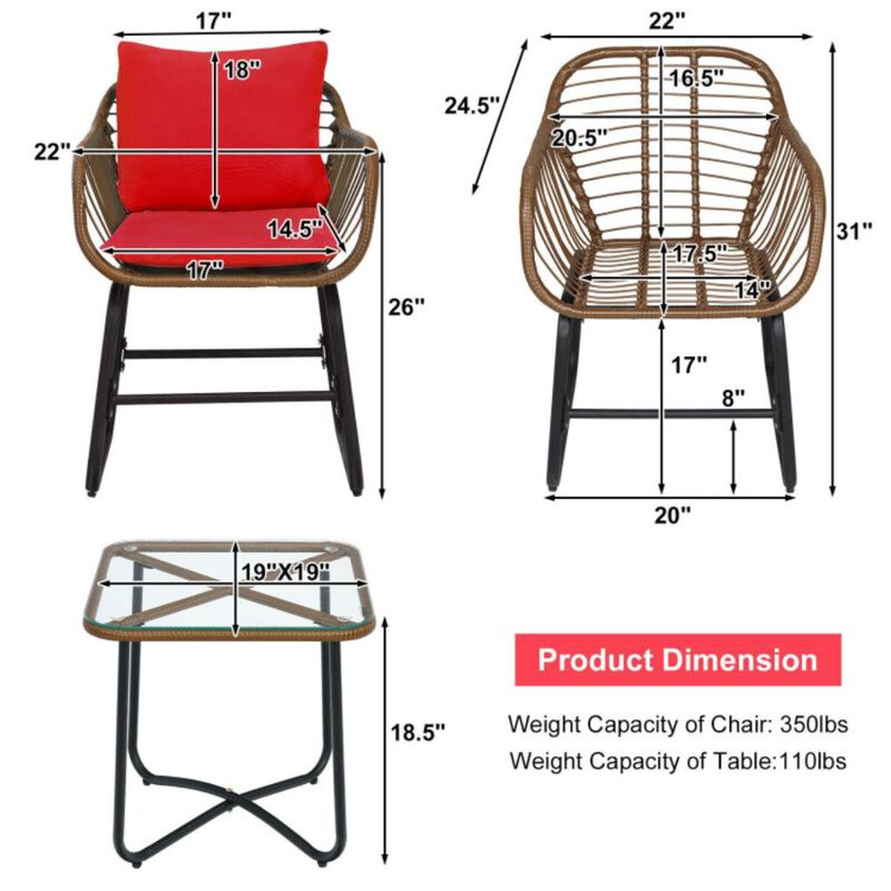 Hivvago 3 Pieces Patio Rattan Bistro Set with Cushions and Glass Table