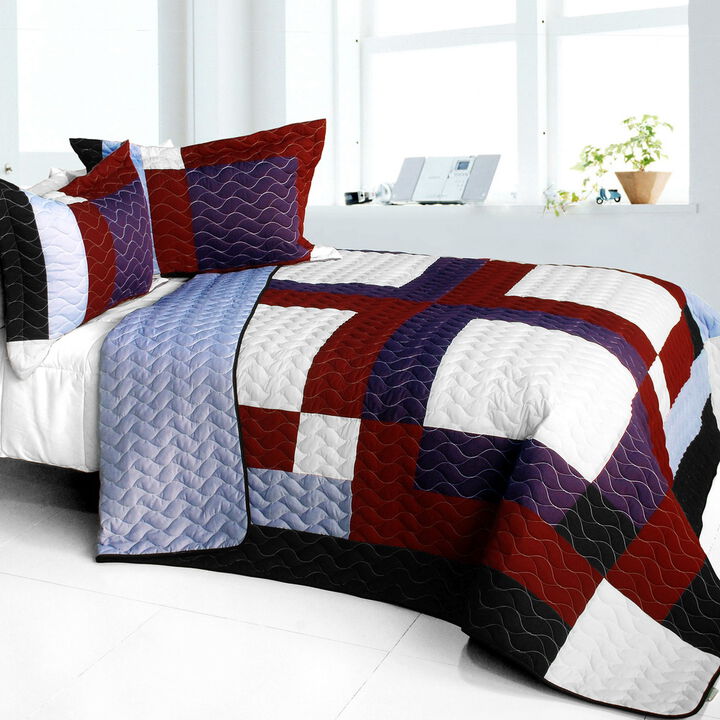 3 Piece Queen Patchwork Quilt Set Vermicelli Quilted Cozy Decorative Bedspread Set