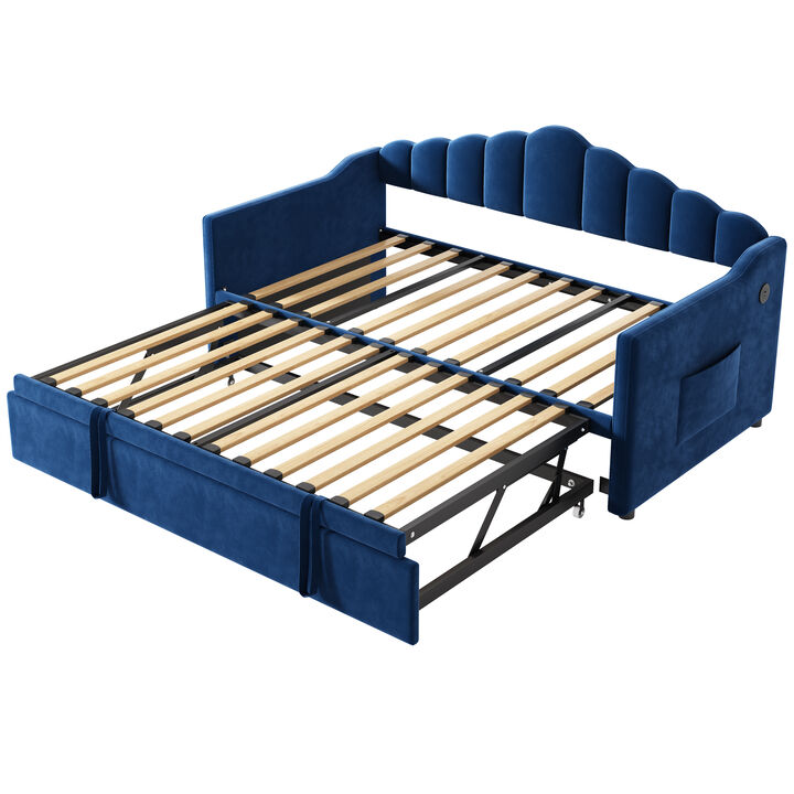 Merax Velvet Upholstered Twin Daybed with Height Adjustable Pop-Up Trundle