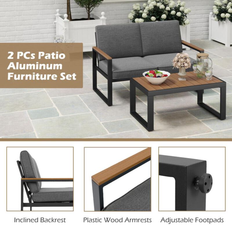Hivvago 2 Piece Patio Aluminum Furniture Set with Wood-Plastic Armrests and Tabletop