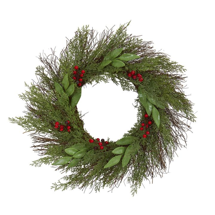 Hivvago 20" Cedar and Ruscus with Berries Artificial Wreath