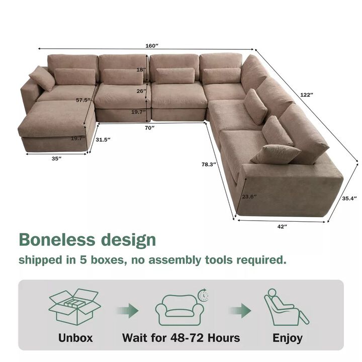 Vipbear 160" Oversized Modular 7-Seat V-Shaped Sectional Sofa with Movable Ottoman Boneless Couch