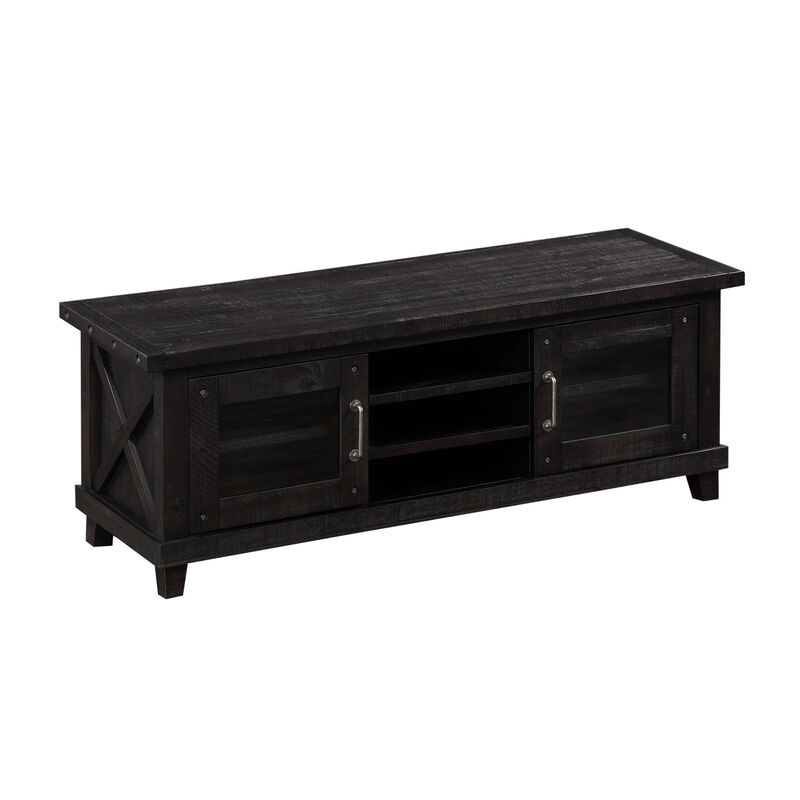 Three Open Shelves Entertainment Center with Exposed Bolts and Cross Bracing, Brown - Benzara image number 0