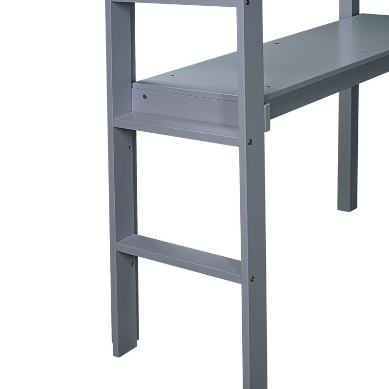 Whisen Twin High Loft Bed, Rubber Wood Loft Bed with Ladder, Safety Guardrail and built-in desk - Gray