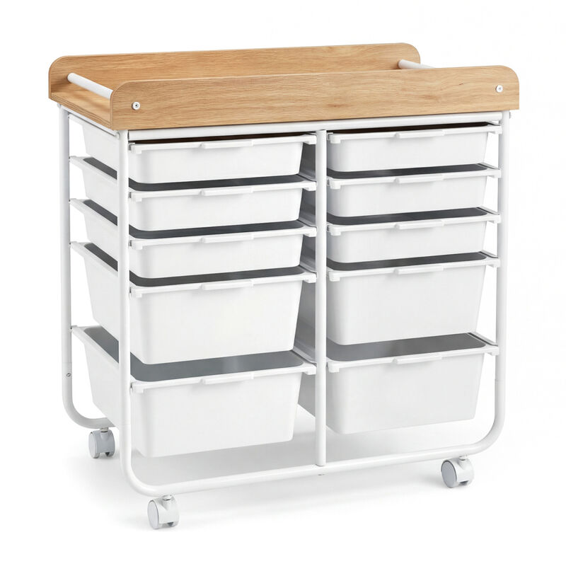 Office Rolling Storage Cart with 10 Drawers, Wooden Tabletop and Locking Wheels image number 0
