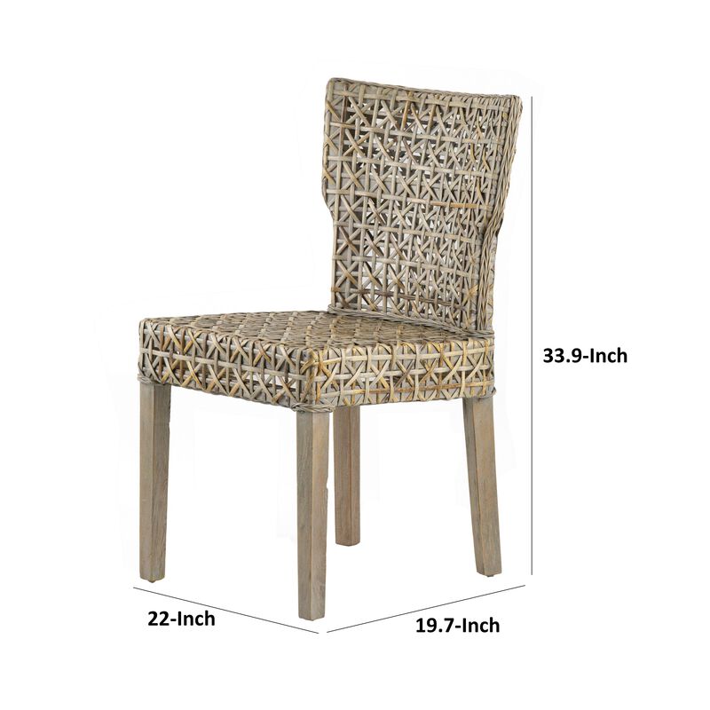 22 Inch Side Dining Chair, Woven Rattan Backrest and Seat, Weathered Gray - Benzara