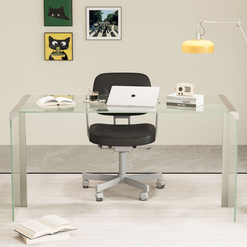 Tempered Clear Glass Writing Desk with Metal Frame for Living Room & Bedroom 71.2" image number 5