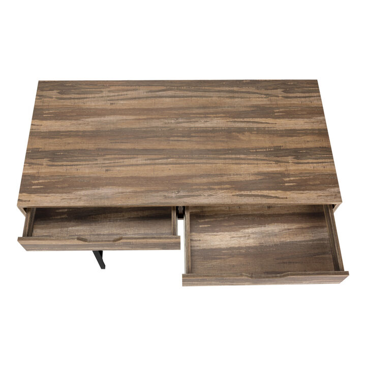 HomeRoots 47" Brown and Black Wood and Metal H-Shape Computer Desk With Two Drawers