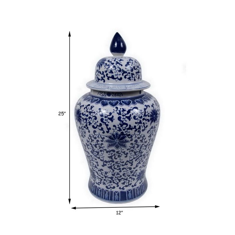 25 Inch Decorative Temple Jar with Floral Design, Ceramic, Blue and White - Benzara