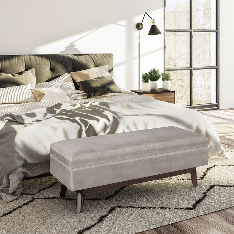 Owen 48 inch Wide Mid Century Modern Rectangle Rectangular Storage Ottoman in Distressed Grey Taupe Vegan Faux Leather, Assembled